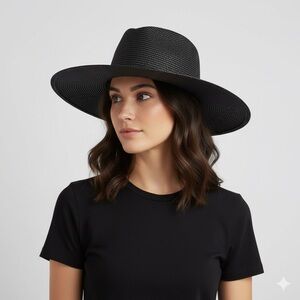 Vintage Black Straw Large Brimmed Hat w/ Pinched Crown